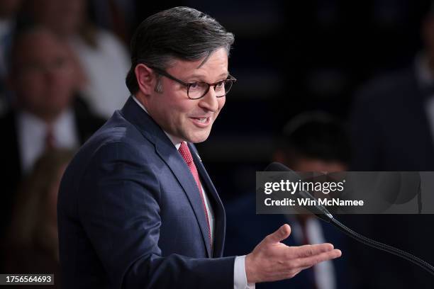 Newly elected Speaker of the House Rep. Mike Johnson speaks in the House chamber after his election at the U.S. Capitol on October 25, 2023 in...