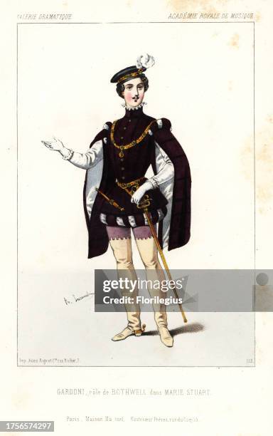 Italian tenore di grazia singer Italo Gardoni as Bothwell in Mary Stuart by Louis Niedermeyer, Academie Royale de Musique, 1844. Handcoloured...