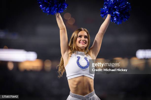 An Indianapolis Colts cheerleader is seen during the game against the New Orleans Saints at Lucas Oil Stadium on October 29, 2023 in Indianapolis,...