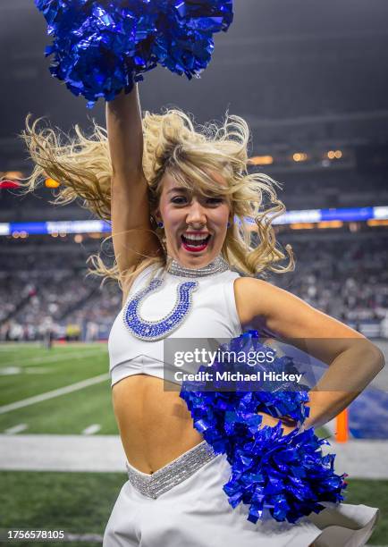 An Indianapolis Colts cheerleader is seen during the game against the New Orleans Saints at Lucas Oil Stadium on October 29, 2023 in Indianapolis,...