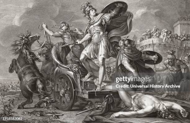 After killing Hector in hand-to-hand combat as revenge for the death of his friend Patroclus, Achilles drags Hector's body behind his chariot in...