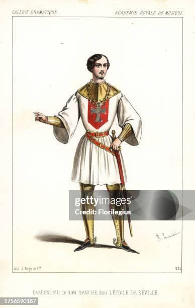 Italian tenor Italo Gardoni as Don Sanche in L'Etoile de Seville by Michael Balfe, Academie Royale de Musique, 1846. Handcoloured lithograph after an...