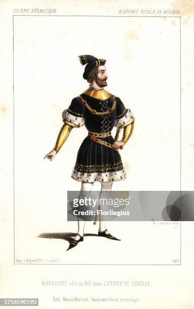 French baritone Paul-Bernard Barroilhet as the King in L'Etoile de Seville by Michael Balfe, Academie Royale de Musique, 1846. Handcoloured...