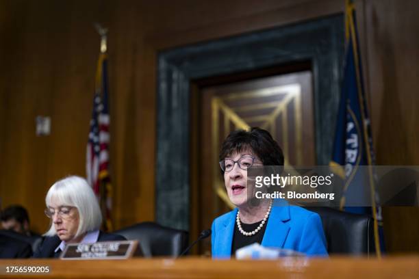 Senator Susan Collins, a Republican from Maine and ranking member of the Senate Appropriations Committee, speaks during a hearing in Washington, DC,...