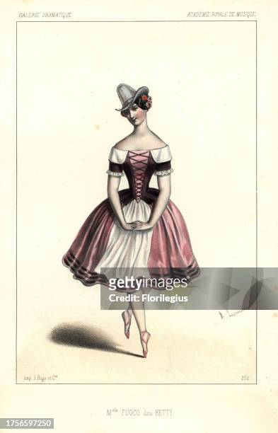 French ballet dancer Mlle. Sofia Fuoco in Betty, Academie Royale de Musique, 1846. Handcoloured lithograph after an illustration by Alexandre...