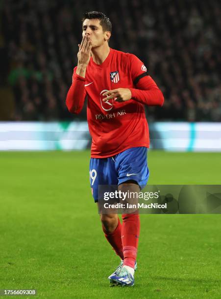 Alvaro Morata of Atletico Madrid celebrates after scoring the team's second goal during the UEFA Champions League match between Celtic FC and...