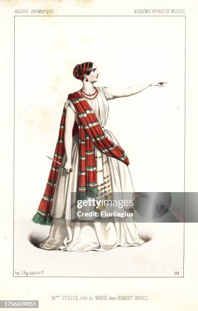 Mezzo soprano Rosine Stoltz as Marie in the pastiche opera Robert Bruce by Gioachino Rossini, Academie Royale de Musique, 1846. Handcoloured...