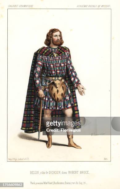 Bass opera singer Bessin as Dickson in the pastiche opera Robert Bruce by Gioachino Rossini, Academie Royale de Musique, 1846. Handcoloured...