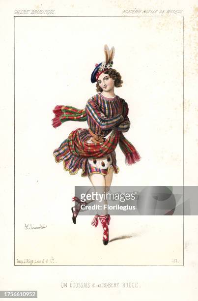 Ballet dancer in Scottish costume in the pastiche opera Robert Bruce by Gioachino Rossini, Academie Royale de Musique, 1846. Handcoloured lithograph...