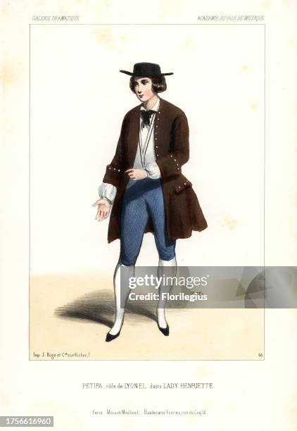 Ballet dancer Lucien Petipa as Lyonel in Lady Henriette by Mazilier, Academie Royale de Musique, 1844. Handcoloured lithograph after an illustration...