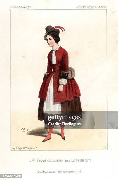 Ballet dancer Celestine Emarot as Addison in Lady Henriette by Mazilier, Academie Royale de Musique, 1844. Handcoloured lithograph after an...