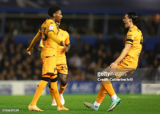 Jaden Philogene of Hull City celebrates with teammate Jacob Greaves after scoring the team's second goal during the Sky Bet Championship match...