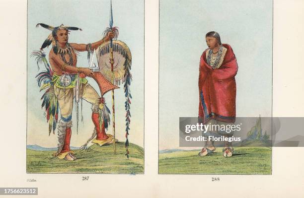 Meskwaki warrior Ah-mou-a, Whale, 287 with shield, staff, war club, scalp-locks, bear teeth necklace and moccasins, and his wife Wa-quo-the-qua,...