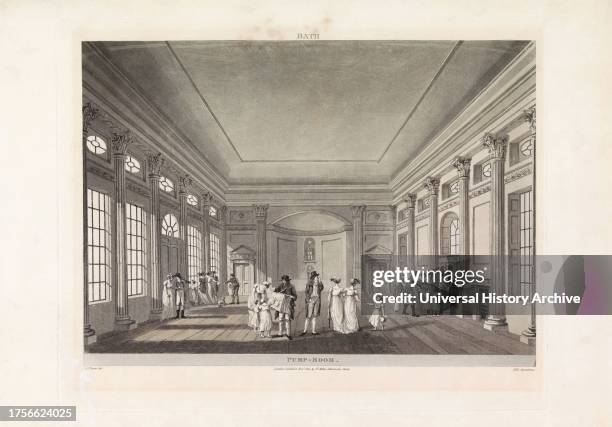 The Pump Room. After an engraving dated 1804. Later colourization. The building in the Abbey Church Yard in Bath, England still serves refreshments,...