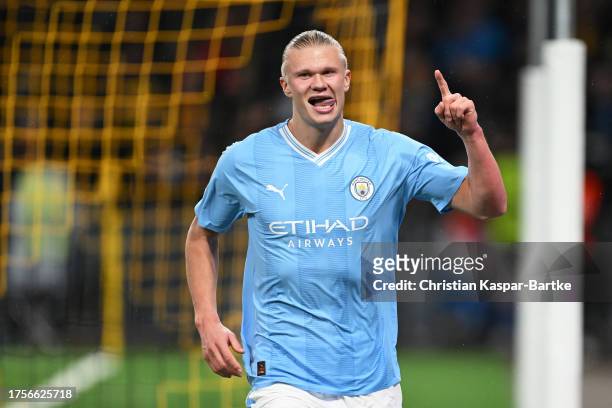 Erling Haaland of Manchester City celebrates after scoring the team's second goal from the penalty spot during the UEFA Champions League match...