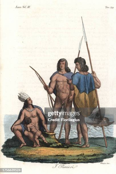 Yaghan or Yamana people of Tierra del Fuego, naked hunters with cloaks, spears, bow and arrow, and seated woman with feather headdress and cloak....