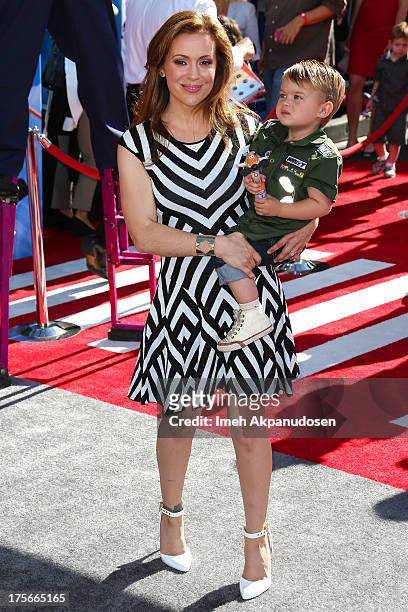 Actress Alyssa MIlano and her son, Milo Thomas Bugliari, attend the premiere of Disney's 'Planes' at the El Capitan Theatre on August 5, 2013 in...