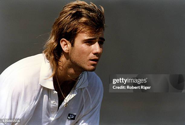 Andre Agassi readies during the 1988 LA Tennis Open in September, 1988 in Los Angeles, California.