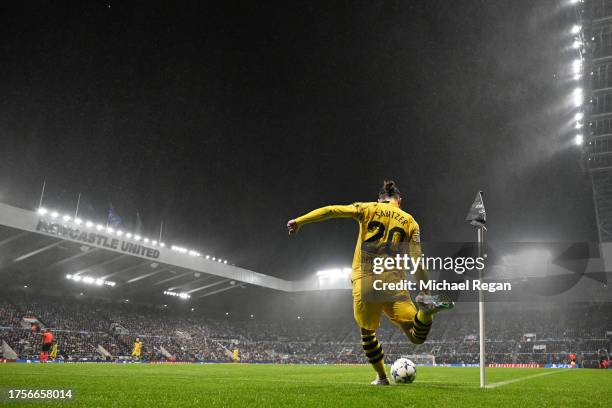 Marcel Sabitzer of Borussia Dortmund prepares to take a corner kick during the UEFA Champions League match between Newcastle United FC and Borussia...
