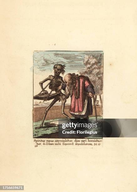 Skeleton of Death playing a psaltery as he leads an Old Man to his grave. Handcoloured copperplate engraving by Wenceslaus Hollar from The Dance of...