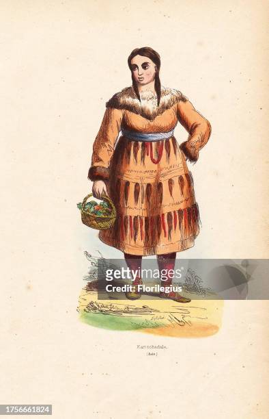 Kamtchadal woman in fur-lined coat decorated with hair, holding a basket of vegetables. Handcoloured woodcut by Delelie from Auguste Wahlen's...