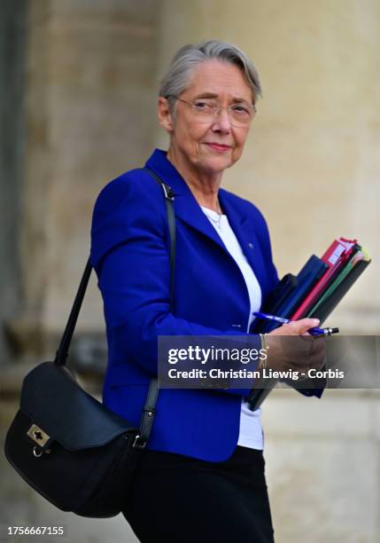 French Prime Minister Elisabeth Borne during the weekly cabinet meeting at the presidential Elysee Palace on October 31 2023 in Paris, France.