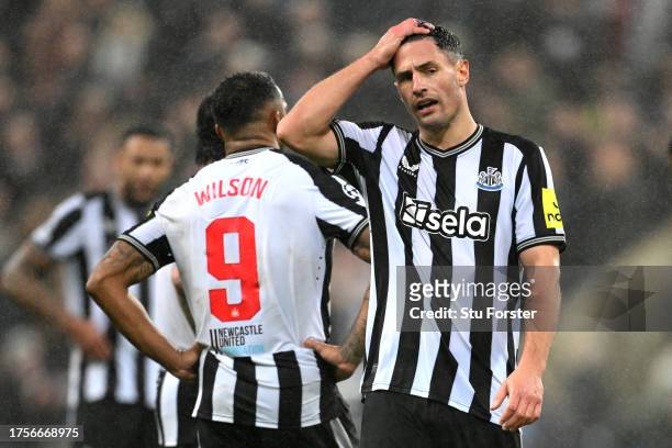 Fabian Schaer of Newcastle United looks dejected after the team's defeat in the UEFA Champions League match between Newcastle United FC and Borussia...
