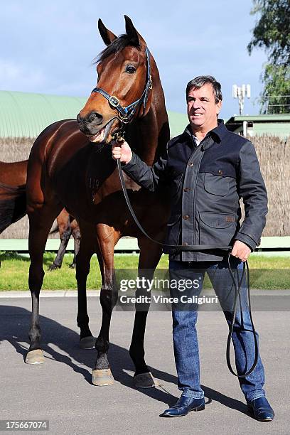 Trainer Mark Kavanagh poses for photo with Atlantic Jewel at todays announcement of 2013 Spring Carnival nominations at Flemington Racecourse on...