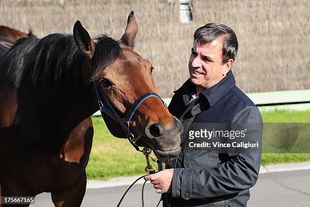 Trainer Mark Kavanagh poses for photo with Atlantic Jewel at todays announcement of 2013 Spring Carnival nominations at Flemington Racecourse on...
