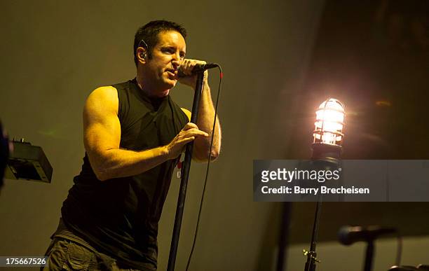 Trent Reznor of Nine Inch Nails performs during Lollapalooza 2013 at Grant Park on August 2, 2013 in Chicago, Illinois.