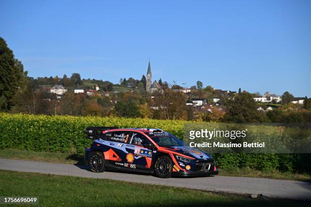 Teemu Suninen of Finland and Mikko Markkula of Finland are competing with their Hyundai Shell Mobis WRT Hyundai i20 N Rally1 Hybrid during Day One of...