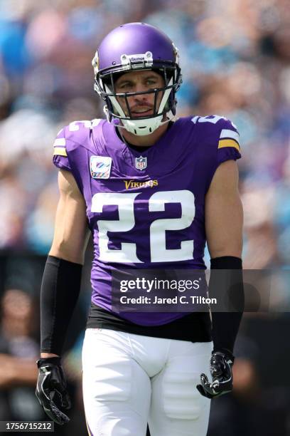 Harrison Smith of the Minnesota Vikings looks on during the first half of their game against the Carolina Panthers at Bank of America Stadium on...