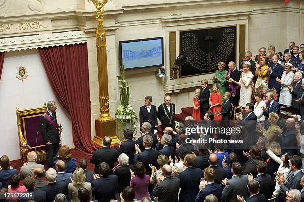 King Philippe of Belgium takes his oath during his Inauguration following the abdication of King Albert II Of Belgium at the Parliament on July 21,...