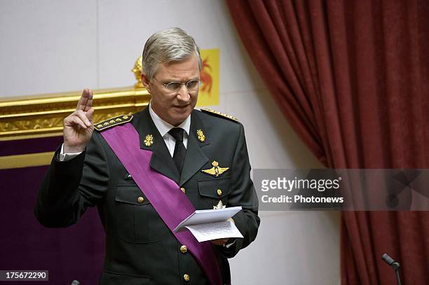 King Philippe of Belgium takes his oath during his Inauguration following the abdication of King Albert II Of Belgium at the Parliament on July 21,...