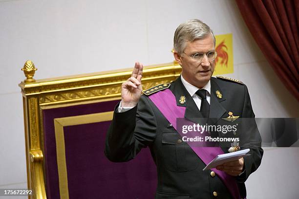 King Philippe of Belgium takes his oath during his Inauguration following the abdication of King Albert II Of Belgium at the Parliament on July 21,...