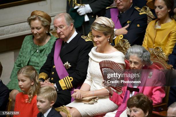 Queen Paola, King Albert II, Queen Mathilde, Queen Fabiola watch during the Oath taking of King Philippe at the Parliament on July 21, 2013 in...