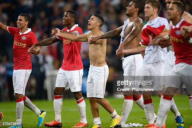 Zakaria Bakkali of PSV celebrates the victory after the UEFA Champions League Third qualifying round match, first leg between PSV Eindhoven and SV...