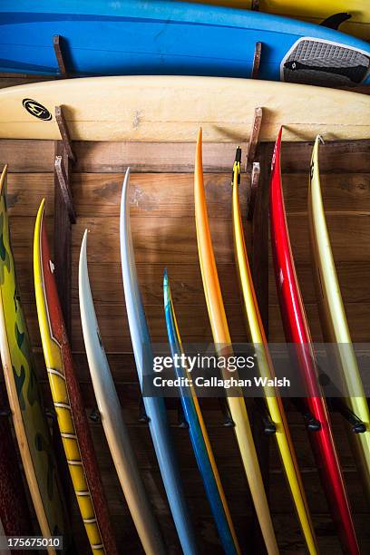 Surfboards stacked up in the activity shack at Nihiwatu Resort, Western Sumba on April 11, 2013. Sumba is a remote island in Eastern Indonesia, part...
