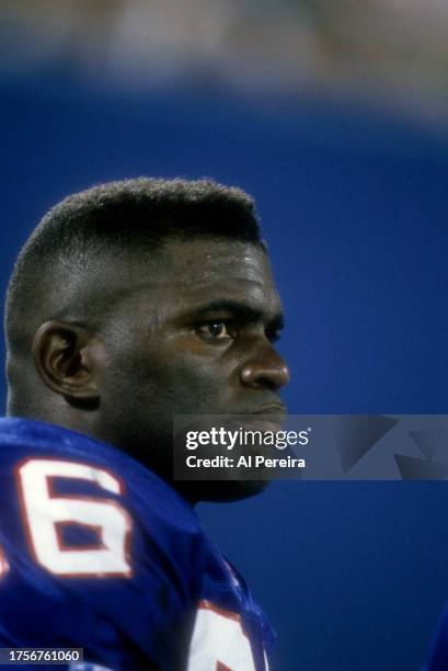 Outside Linebacker Lawrence Taylor of the New York Giants follows the action in the game between the Pittsburgh Steelers vs the New York Giants on...