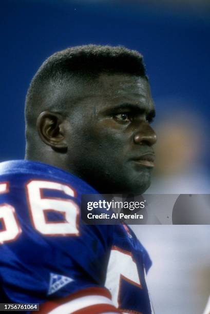 Outside Linebacker Lawrence Taylor of the New York Giants follows the action in the game between the Pittsburgh Steelers vs the New York Giants on...