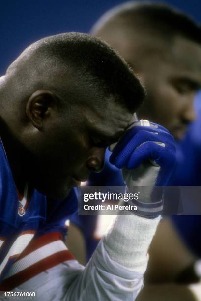 Outside Linebacker Lawrence Taylor of the New York Giants follows the action in the game between the Pittsburgh Steelers vs the New York Giants on...