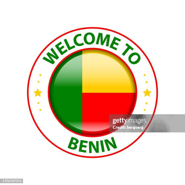vector stamp. welcome to benin. glossy icon with national flag. seal template - certificate border stock illustrations