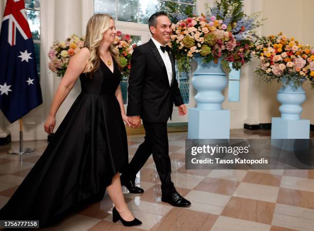 Rep. Pete Aguilar and Alisha Aguilar arrive for a state dinner at the White House on October 25, 2023 in Washington, DC. President Joe Biden and...