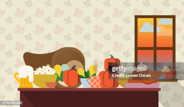 flat design feast table - upcoming holidays - thanksgiving - happy holidays - holiday card - web banner - celebration - party - food and drink - cornucopia - pumpkin - turkey - corn - buffet stock illustrations