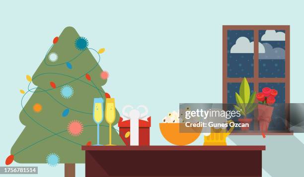 ilustraciones, imágenes clip art, dibujos animados e iconos de stock de mesa de fiesta de diseño plano - próximos días festivos - navidad - felices fiestas - tarjeta navideña - banner web - celebración - fiesta - comida y bebida - banquete navidad