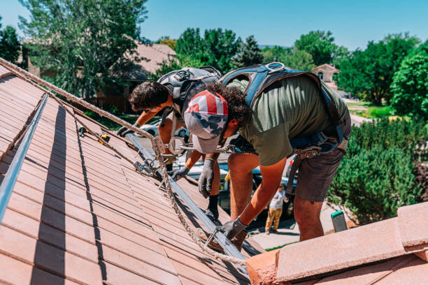 two roof workers tethered with fall arrestor and harness for safety standards attaching rails for solar panel installation - metal roofing stock pictures, royalty-free photos & images