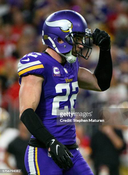 Harrison Smith of the Minnesota Vikings reacts after a play in the first quarter of the game against the San Francisco 49ers at U.S. Bank Stadium on...