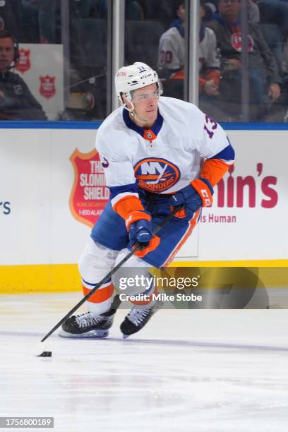 Mathew Barzal of the New York Islanders inaction against the Detroit Red Wings at UBS Arena on October 30, 2023 in Elmont, New York. Detroit Red...