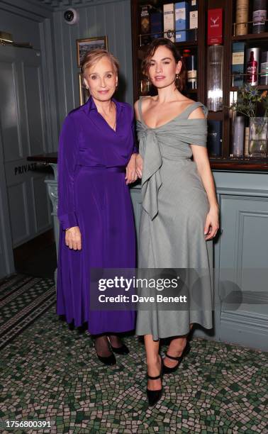 Dame Kristin Scott Thomas and Lily James attend the press night after party for "Lyonesse" at Browns Covent Garden on October 25, 2023 in London,...