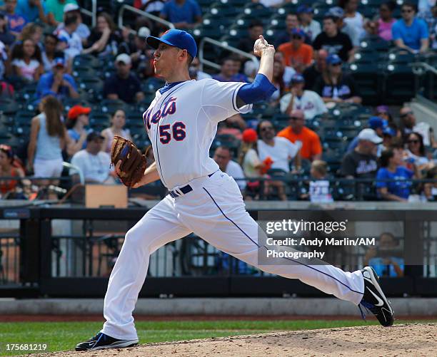 Pedro Feliciano of the New York Mets pitches against the Kansas City Royals during the game at Citi Field on August 4, 2013 in the Flushing...